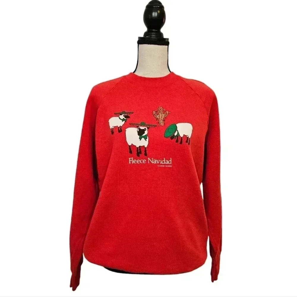 Vintage 90s Christmas Pun Fleece Feliz  Navidad Sheep Sobrero Red Crewneck